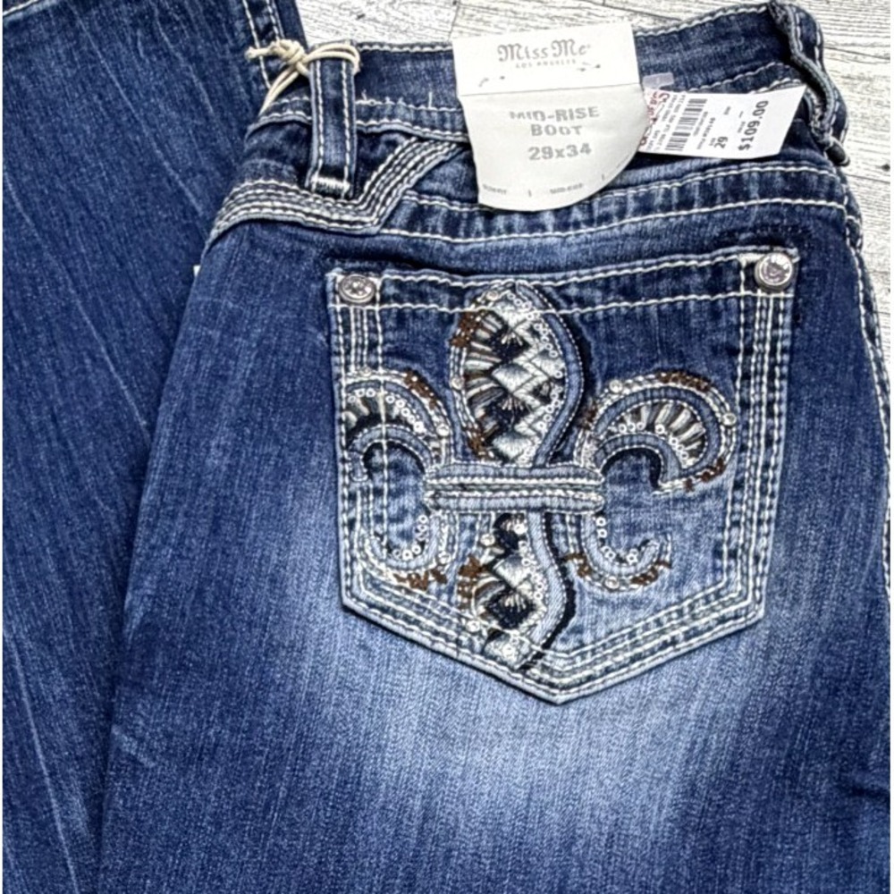 Miss Me Jeans Womens 29x34 Blue Mid Rise Bootcut Fleur De Lis Embellished NWT